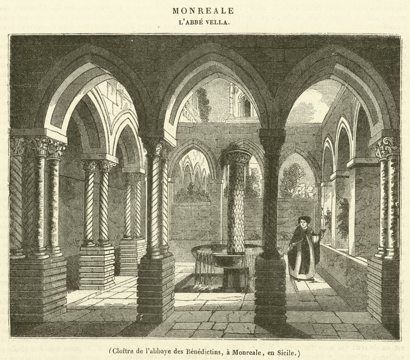 Klooster van de Benedictijnenabdij, in Monreale, Sicilië (gravure) door French School