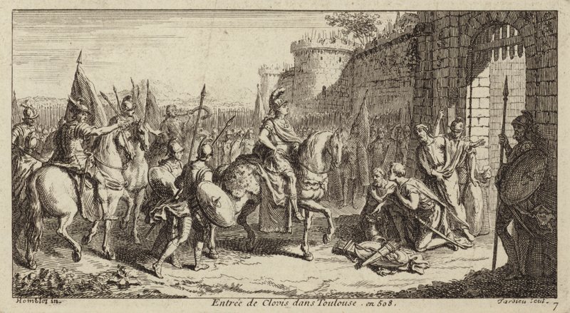 Clovis I, Koning van de Franken, betreedt Toulouse na het verslaan van de Visigoten, 508 door French School