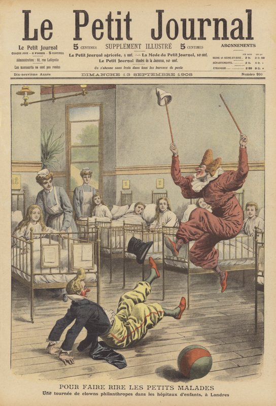 Clowns vermaken zieke kinderen in een ziekenhuis in Londen (kleurenlitho) door French School