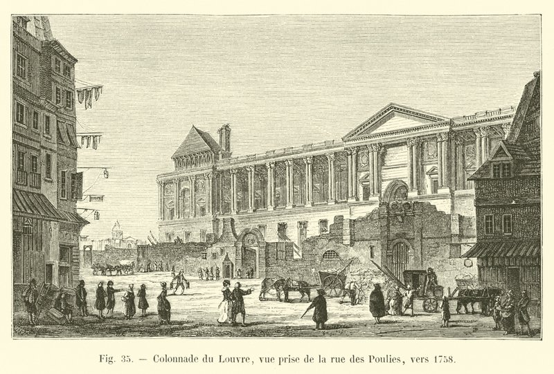 Colonnade van het Louvre, gezien vanaf de rue des Poulies, rond 1758 door French School