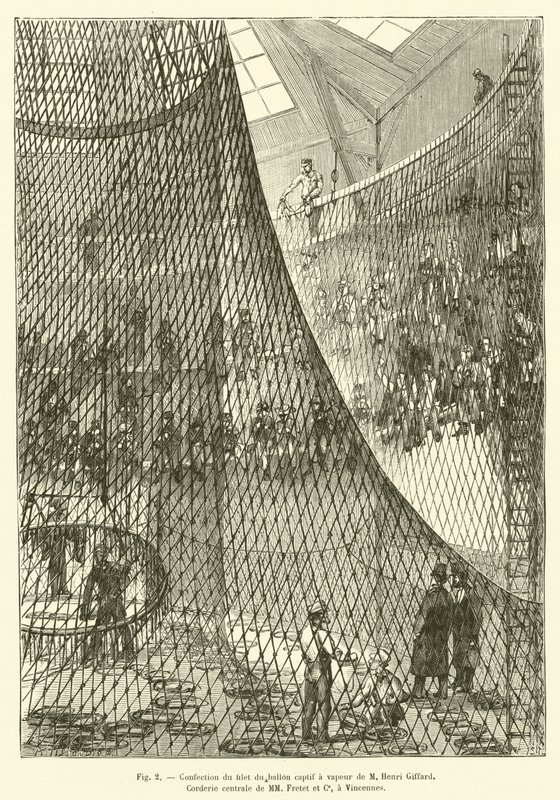 Fabricage van het net van de stoomballon van M Henri Giffard, Centrale touwslagerij van MM Fretet en Co, in Vincennes door French School