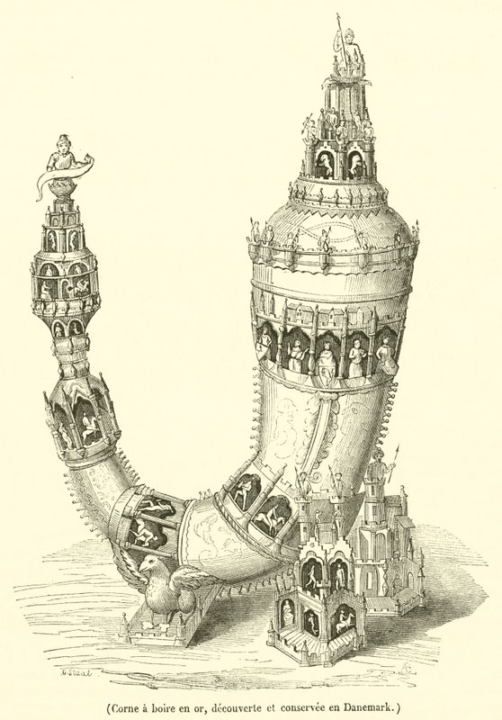 Gouden drinkhoorn, ontdekt en bewaard in Denemarken (gravure) door French School