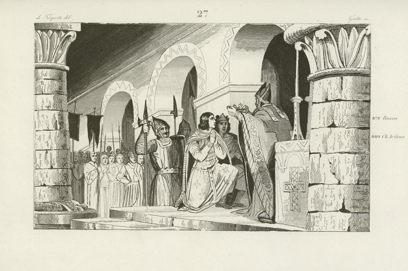 Kroning van Lodewijk III en Carloman als koningen van West-Francië, 879 door French School