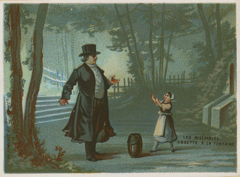 Cosette bij de fontein; scène uit Les Misérables van Victor Hugo door French School