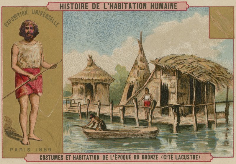 Kostuum en paalwoningen uit de Bronstijd (chromolitho) door French School