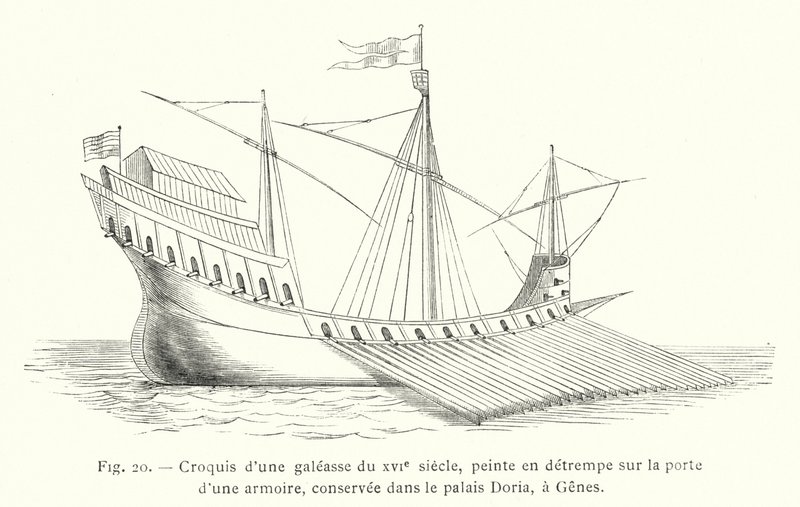 Schets van een galei uit de 16e eeuw, geschilderd in tempera op de deur van een kast, bewaard in het Doria-paleis, in Genua door French School