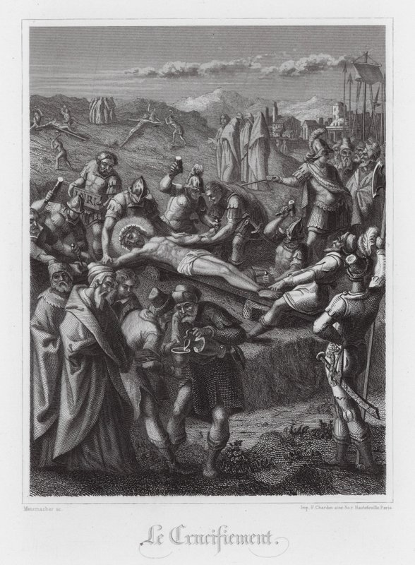 Kruisiging van Jezus Christus (gravure) door French School