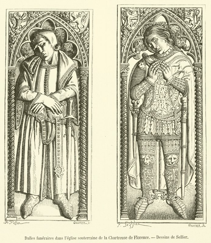 Grafstenen in de ondergrondse kerk van de Kartuizer van Florence door French School