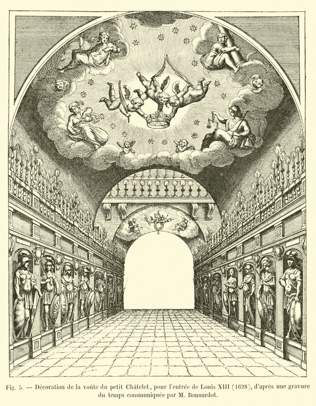 Decoratie van het gewelf van het kleine Chatelet, voor de intocht van Lodewijk XIII, 1628, naar een gravure uit die tijd, meegedeeld door M. Bonnardot door French School