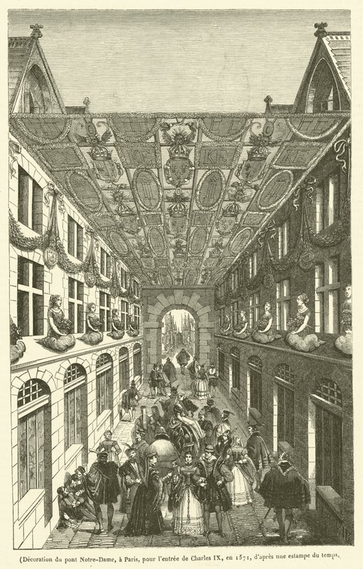 Versiering van de Pont Notre-Dame in Parijs voor de intocht van Karel IX in 1571 (gravure) door French School