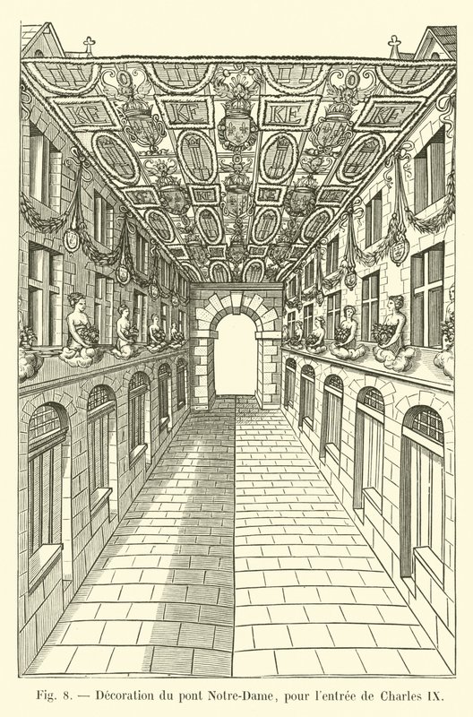 Versiering van de Pont Notre-Dame, voor de intocht van Karel IX door French School