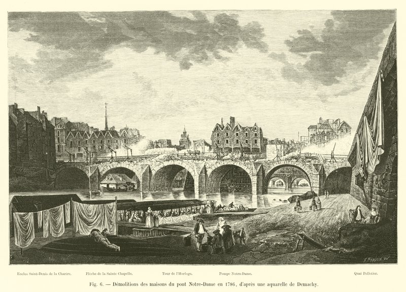 Sloop van de huizen op de Pont Notre-Dame in 1786, naar een aquarel van Demachy door French School