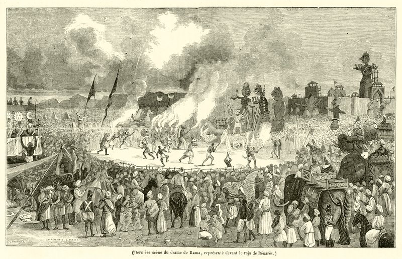 Laatste scène van het drama van Rama, afgebeeld voor de raja van Benares (gravure) door French School