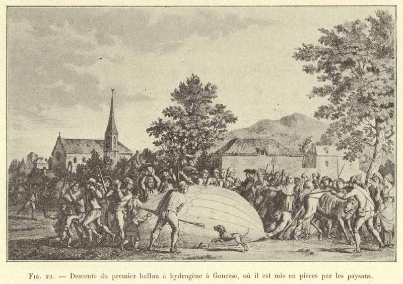 Landing van de eerste waterstofballon in Gonesse, waar hij door de boeren in stukken wordt gescheurd door French School