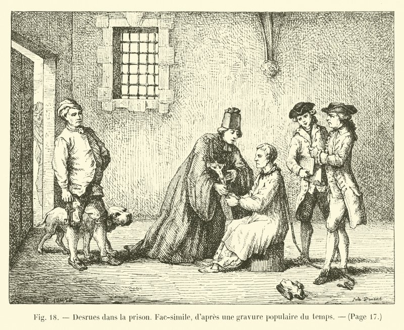 Desrues in de gevangenis, facsimile, naar een populaire gravure uit die tijd door French School