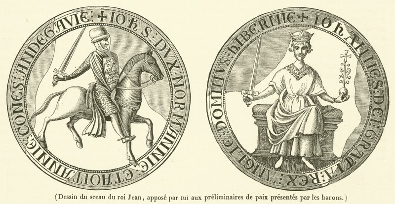 Tekening van het zegel van Koning Jan, door hem aangebracht op de preliminaries van vrede gepresenteerd door de baronnen (gravure) door French School