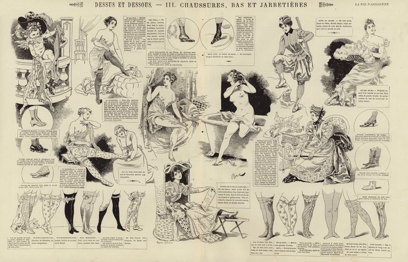 Dessus et dessous, schoenen, kousen en jarretels (gravure) door French School
