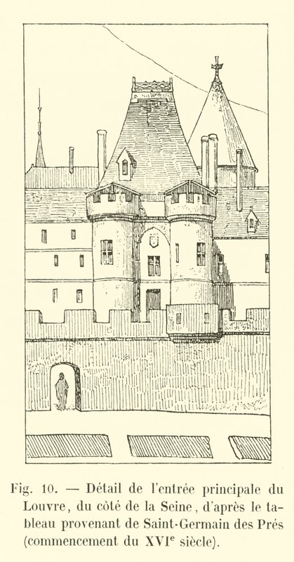 Detail van de hoofdingang van het Louvre, aan de kant van de Seine, naar het schilderij afkomstig van Saint-Germain des Prés, begin 16e eeuw door French School