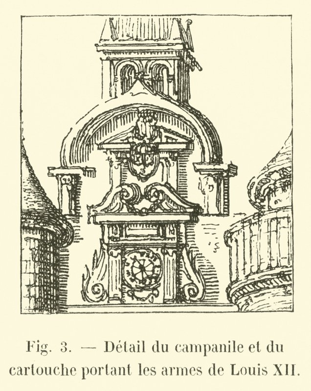 Detail van de klokkentoren en het cartouche met de wapens van Lodewijk XII door French School