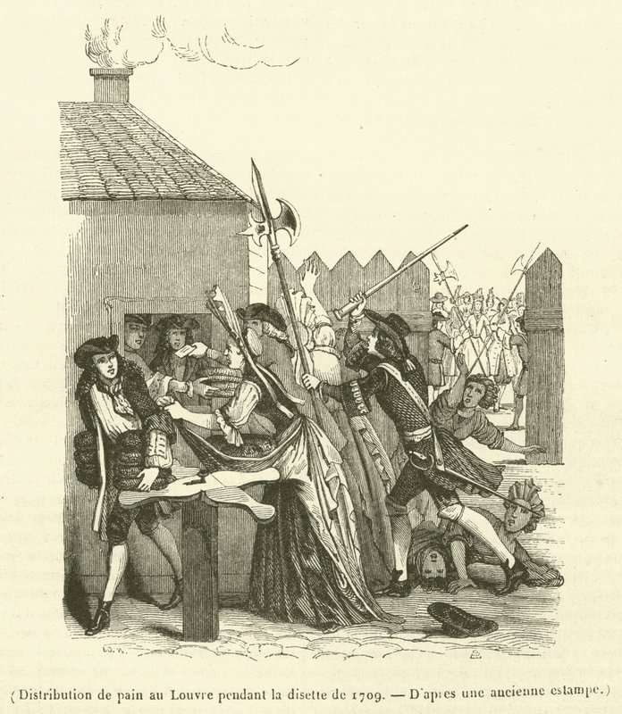 Broodverdeling in het Louvre tijdens het voedseltekort van 1709 (gravure) door French School