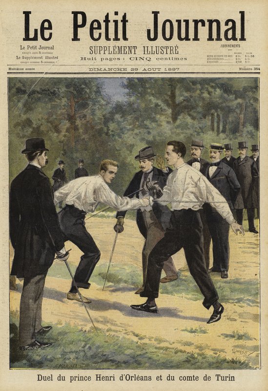 Duel tussen Prins Henri van Orléans en de Graaf van Turijn, Vaucresson, Frankrijk, 1897 door French School