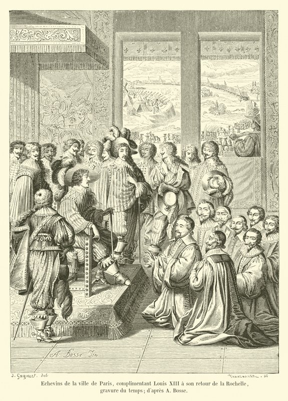Schepenen van de stad Parijs, complimenterend Lodewijk XIII bij zijn terugkeer uit La Rochelle, gravure uit die tijd; naar A Bosse door French School