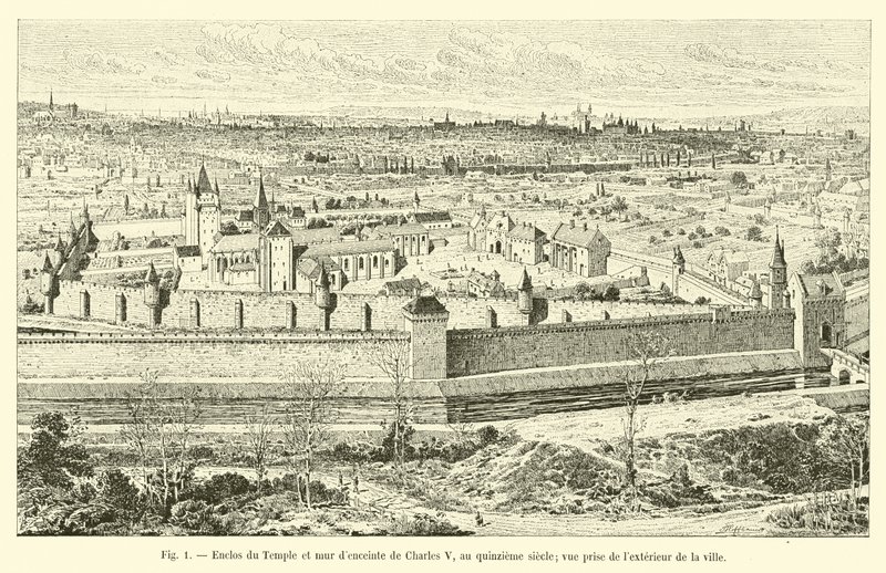 Enclos du Temple en stadsmuur van Karel V, in de vijftiende eeuw; gezien vanaf de buitenkant van de stad door French School