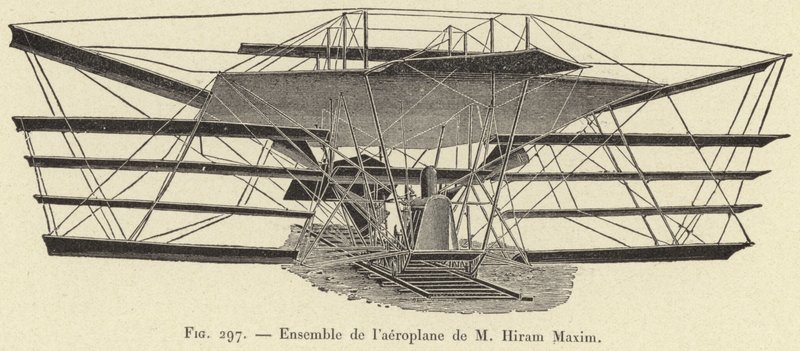 Het geheel van het vliegtuig van M Hiram Maxim door French School
