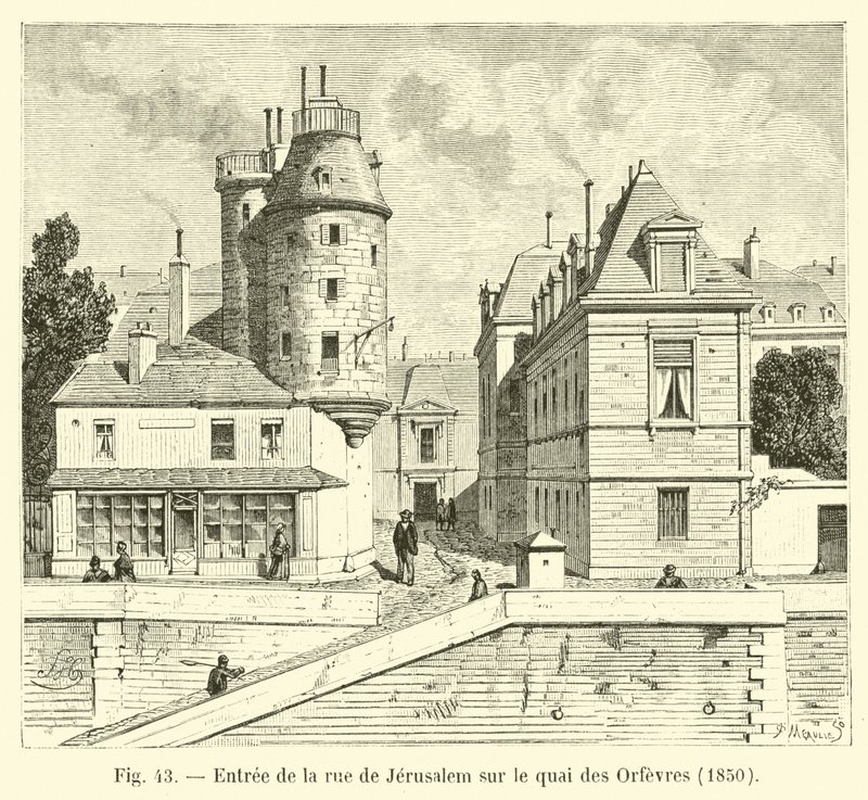 Ingang van de Jeruzalemstraat aan de kade van de Goudsmeden, 1850 door French School