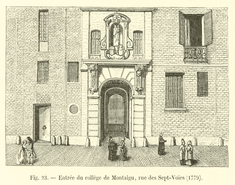 Ingang van het college van Montaigu, rue des Sept-Voies, 1779 door French School