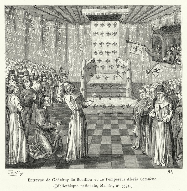Ontmoeting van Godfried van Bouillon en keizer Alexis Comnene (gravure) door French School