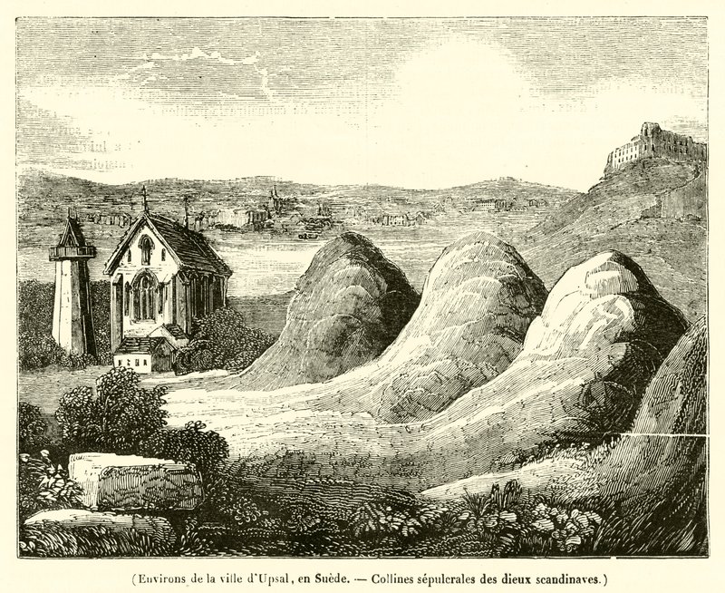 Omgeving van de stad Upsal, Zweden, Grafheuvels van de Scandinavische goden (gravure) door French School
