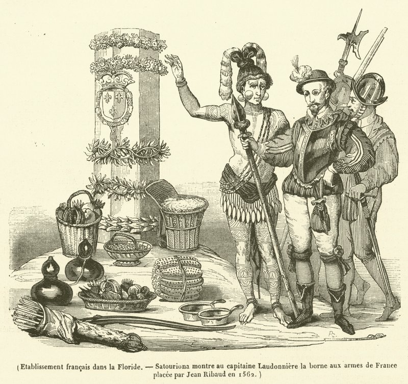 Franse vestiging in Florida, Satouriona toont kapitein Laudonniere de grenspaal met de wapens van Frankrijk geplaatst door Jean Ribaud in 1562 (gravure) door French School