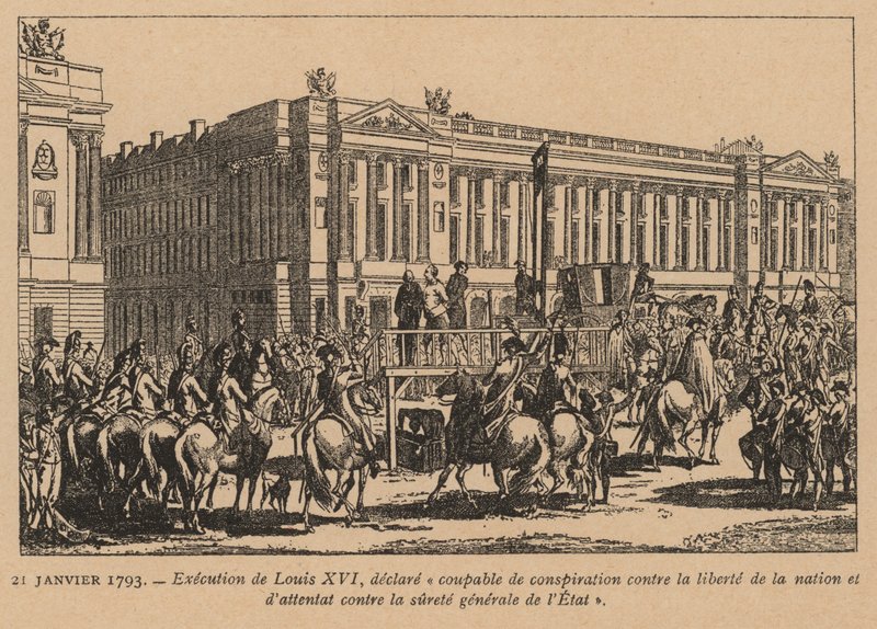 Executie van koning Lodewijk XVI van Frankrijk, Parijs, Franse Revolutie, 21 januari 1793 (gravure) door French School