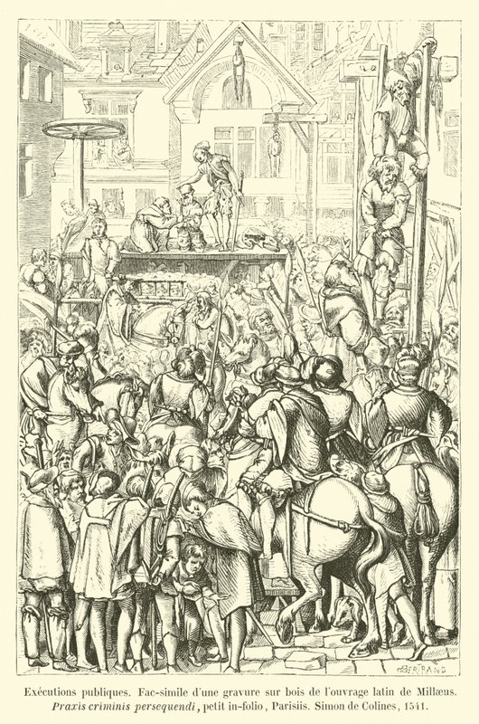 Openbare executies, facsimile van een houtsnede uit het Latijnse werk van Millaeus, Praxis criminis persequendi, klein in-folio, Parijs, Simon de Colines, 1541 door French School