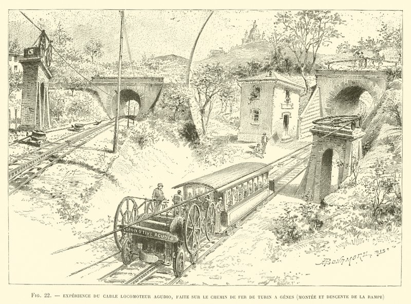 Ervaring met de Agudio kabeltrein, Uitgevoerd op de spoorlijn van Turijn naar Genua, Klimmen en dalen van de helling (gravure) door French School