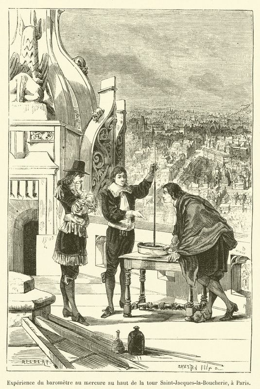 Barometerexperiment met kwik bovenop de toren Saint-Jacques-la-Boucherie, in Parijs door French School