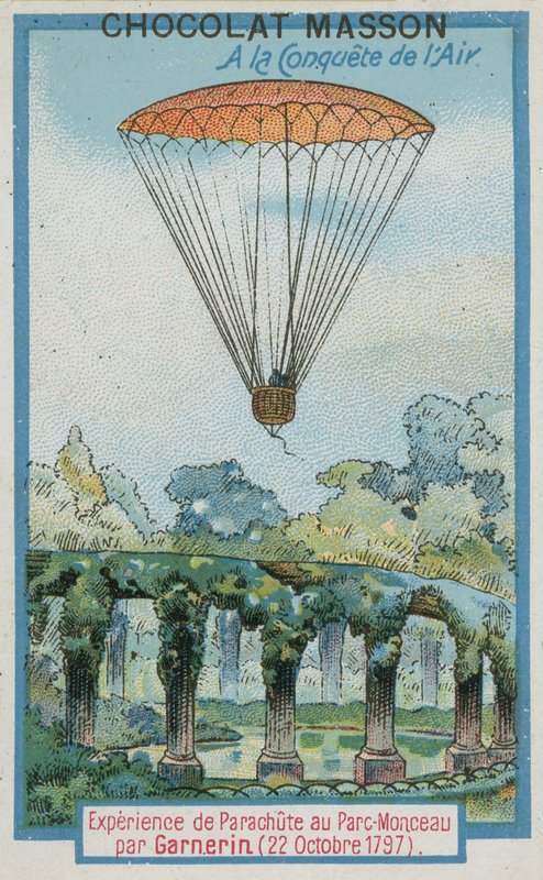 Experimenteren met parachutespringen in Parc Monceau door Andre-Jacques Garnerin (22 oktober 1797) door French School
