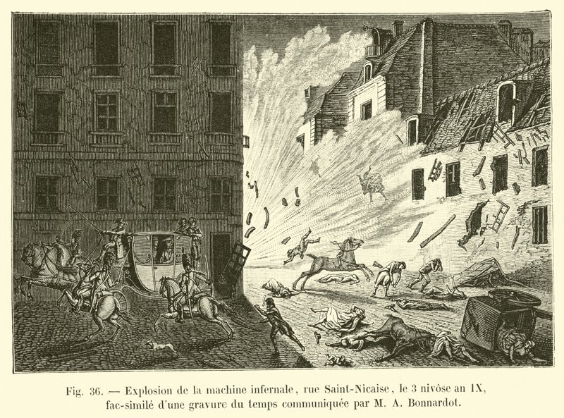 Explosie van de hellemachine, rue Saint-Nicaise, op 3 nivôse jaar IX, fac-simile van een gravure uit die tijd meegedeeld door M A Bonnardot door French School