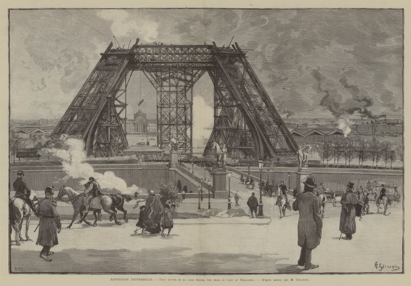 Exposition Universelle, huidige staat van de Eiffeltoren, uitzicht vanaf het Trocaderopark (gravure) door French School
