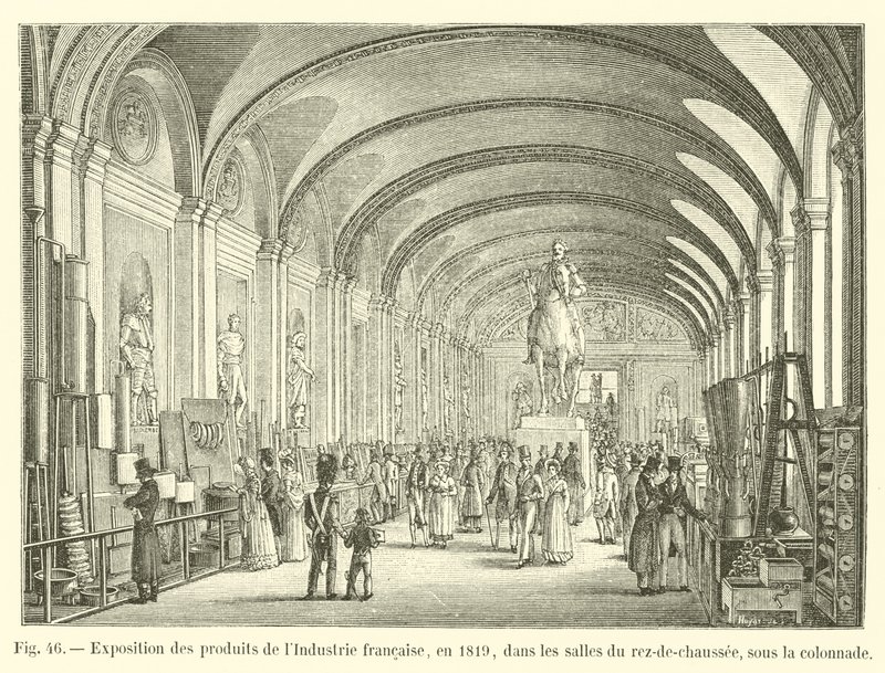 Tentoonstelling van Franse industriële producten, in 1819, in de zalen van de begane grond, onder de colonnade door French School