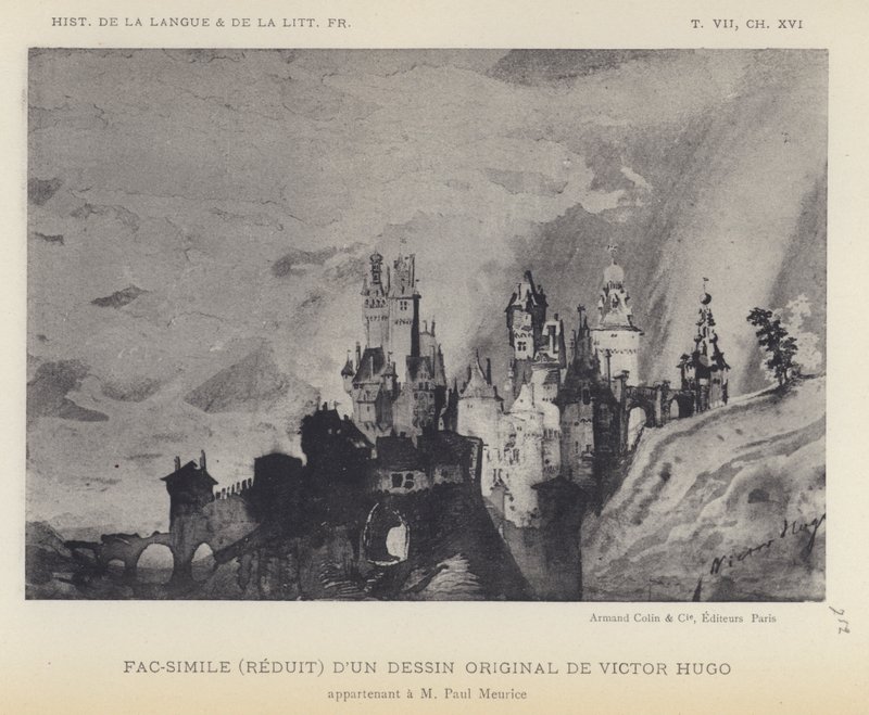 Fac-simile (verkleind) van een originele tekening van Victor Hugo (litho) door French School