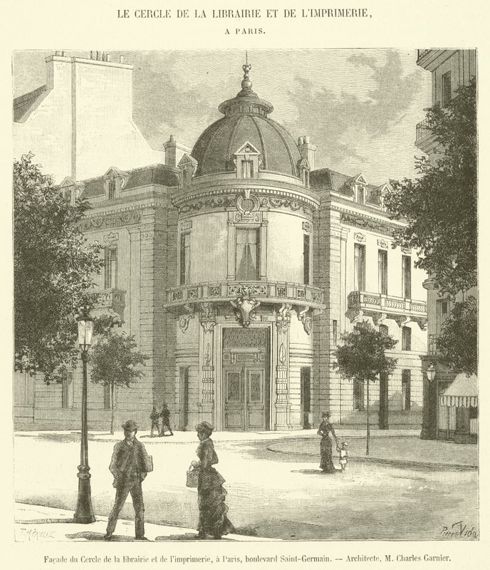 Voorgevel van de Boekhandel en Drukkerijkring, in Parijs, boulevard Saint-Germain door French School