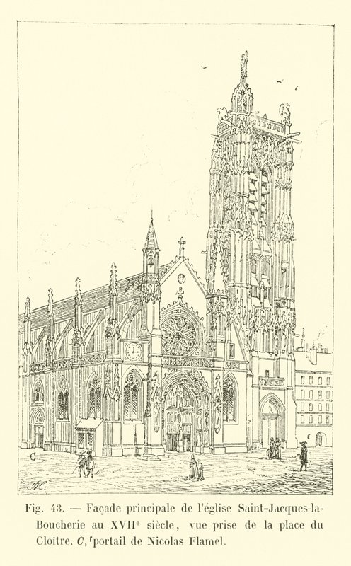 Hoofdfaçade van de Saint-Jacques-la-Boucherie kerk in de 17e eeuw, zicht vanaf de place du Cloître, portaal van Nicolas Flamel door French School