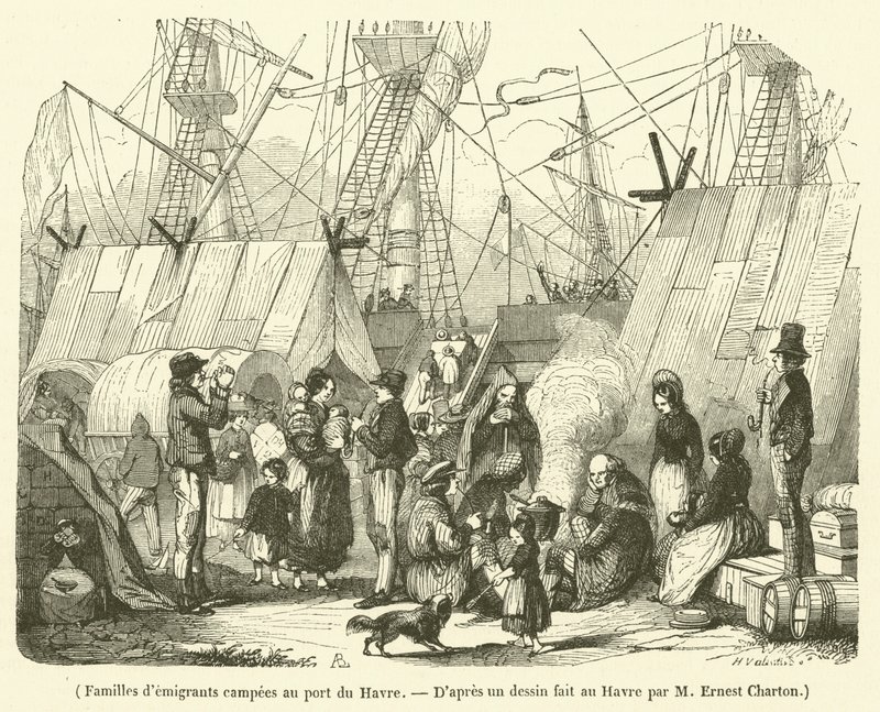 Emigrantengezinnen kamperen in de haven van Le Havre (gravure) door French School