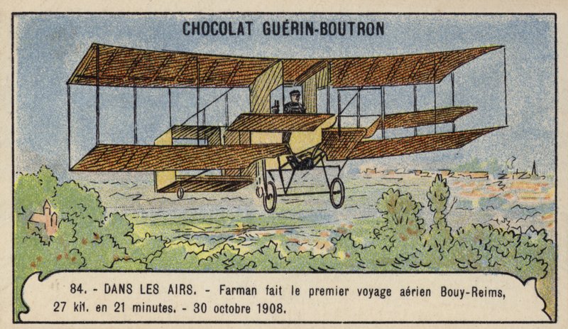 Farman maakt de eerste cross-country vliegtuigvlucht in Europa, van Bouy naar Reims, Frankrijk, 30 oktober 1908 door French School