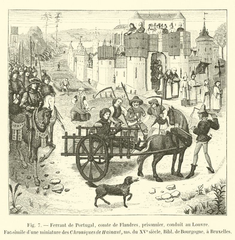 Ferrant van Portugal, graaf van Vlaanderen, gevangene, naar het Louvre gebracht, Fac-simile van een miniatuur uit de Chroniques de Hainaut, ms uit de 15e eeuw, Bibl de Bourgogne, in Brussel door French School