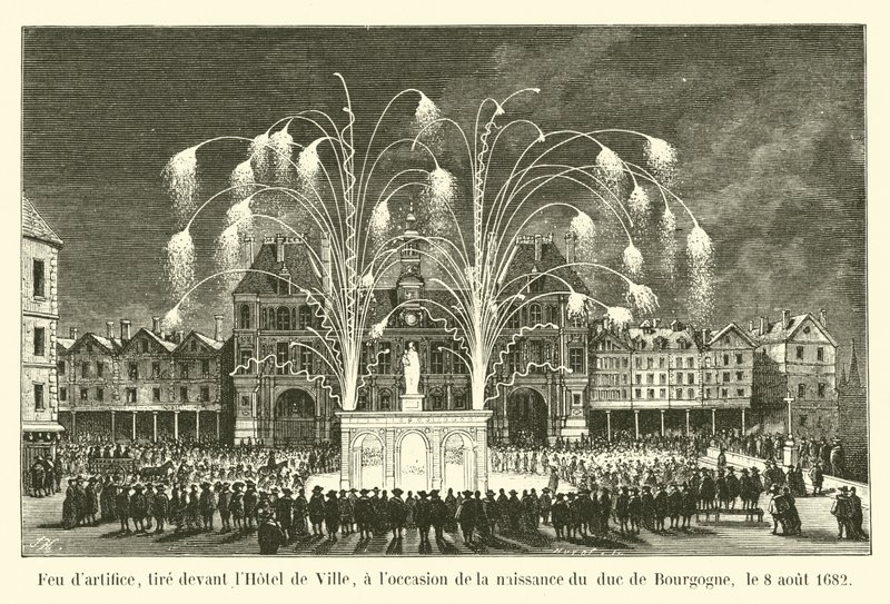 Vuurwerk, afgeschoten voor het stadhuis, ter gelegenheid van de geboorte van de hertog van Bourgondië, 8 augustus 1682 door French School