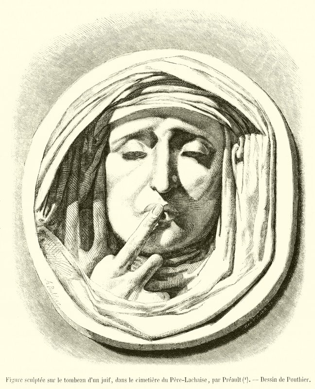 Beeldhouwwerk op het graf van een jood, op de begraafplaats van Père-Lachaise (gravure) door French School