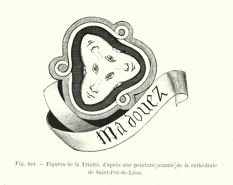 Figuren van de Drie-eenheid, naar een muurschildering van de kathedraal van Saint-Pol-de-Leon (gravure) door French School
